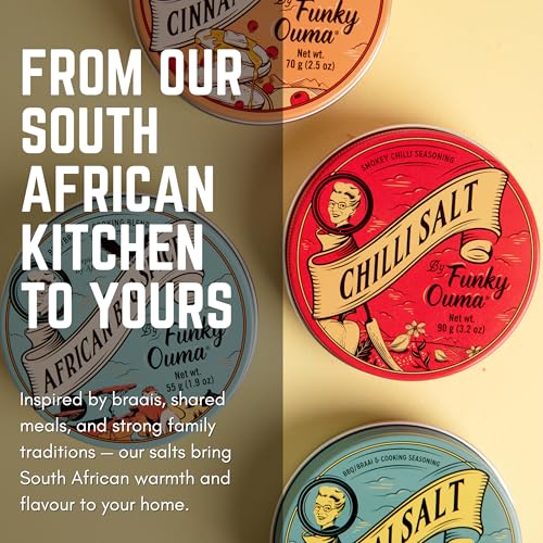 Funky Ouma Chilli Salt 90g – Afrikanisches Chilisalz mit Meersalz & Chili – 100% natürlich, vegan, glutenfrei – Würziges BBQ- & Küchengewürz für Fleisch, Gemüse, Pizza, Guacamole & Cocktails