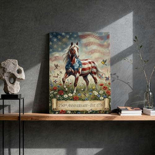 Decoración de caballo patriótico en lienzo abstracto de 12x16 con flores rojas y azules 4