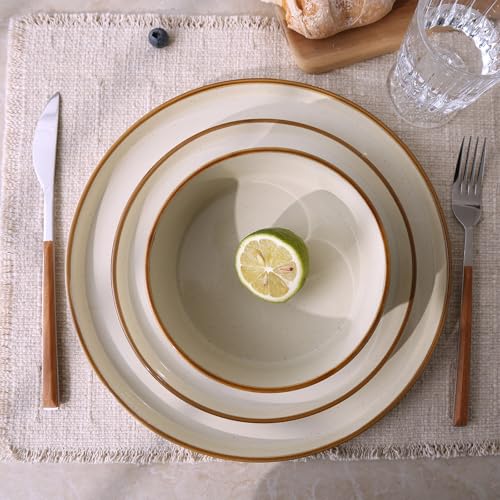 Image of Famiware Nebula Plates and Bowls Sets, 24 Pieces Stoneware Dinnerware Sets, Microwave and Dishwasher Safe Dish Set, Dishware Sets for 8, Vanilla White with Brown Rim