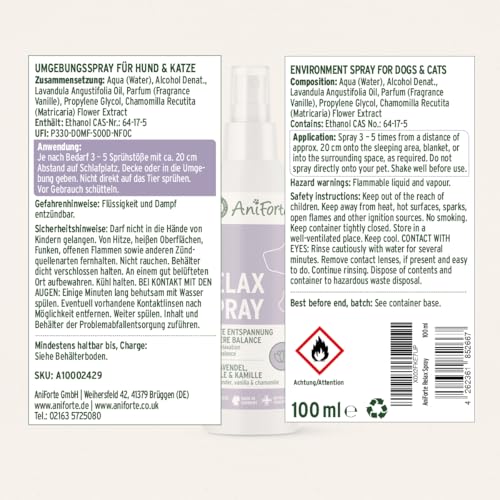 AniForte Relax Spray 100 ml - Umgebungsspray zur Entspannung & innere Balance, mehr Ruhe im Alltag oder unterwegs, mit Lavendel, Vanille & Kamille