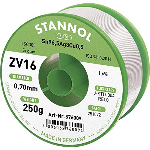 Stannol ZV16 576009 Sn3.0Ag0.5Cu Lead-Free Solder 250 g 0.7 mm Pack of 1