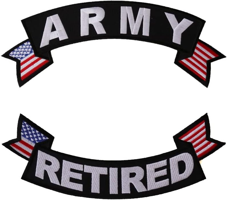Rocker Back Patch Set (Top and Bottom), Embroidered Motorcycle Patches (Iron-On or Sew-On), Army Retired, Military Veteran, 11" x 4" Each