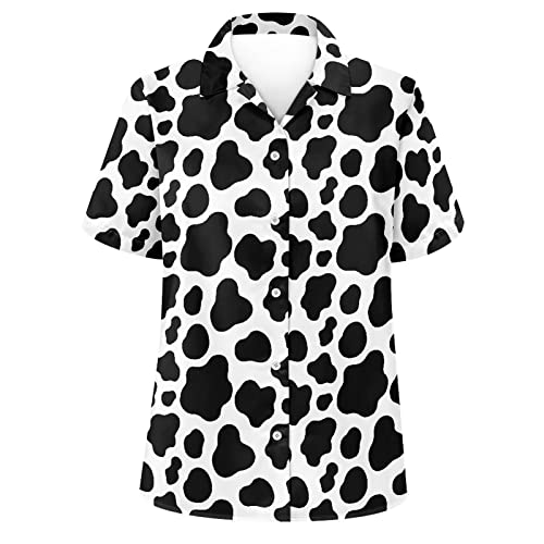 Black White Cow Print Unique Printed Funky Hawaiian Shirt Women Short Sleeve Shirt Top Blouse For Summer Beach Travel Vacation #TOP16