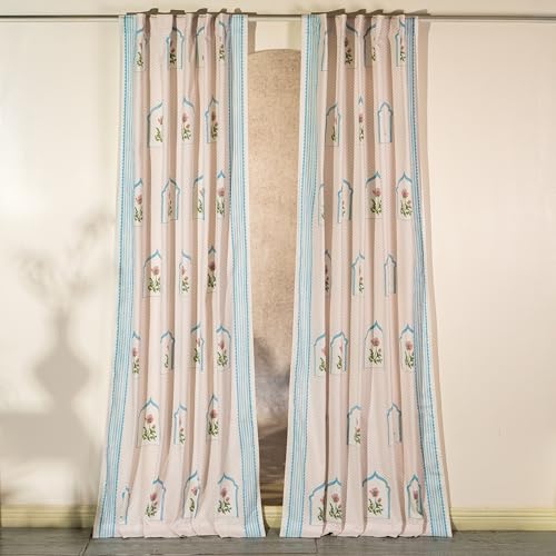 Image of Tranquebar Curtain Co. Window Curtains 5 Feet, 60-65% Room Darkening,Pink Mughal Print, Cotton Curtains for Window, Cotton Curtains 5 Feet Long Set of 2, BackTab Loops,Mehr (152 cm) - Set of 2