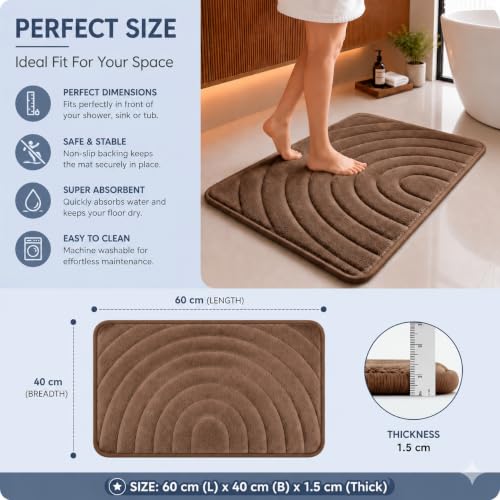 Image of Premium Memory Foam Bath Mat | 40x60cm Super Absorbent Velvet Bathroom Rug | Non-Slip Machine Washable Floor Mat (Mocha Brown)