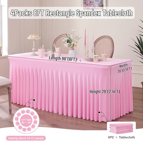 Image of Outpain 8ft Spandex Table Cloth for Standard Folding Tables-4Pack Baby Pink Table Cloth Table Protector for Party, Wedding, Cocktail, Banquet, Festival