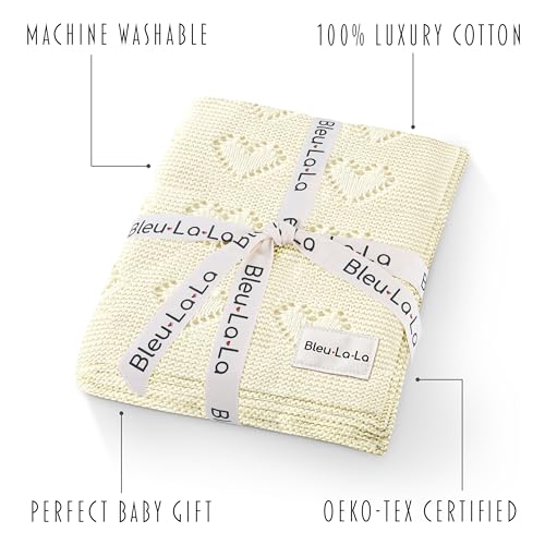 Image of Heirloom Knit Heart Receiving Unisex Blanket for Boys and Girls - 100% Luxury Cotton Baby Blanket - Soft Warm Swaddle Receiving Blanket for Newborns Infants & Toddlers (Ivory)