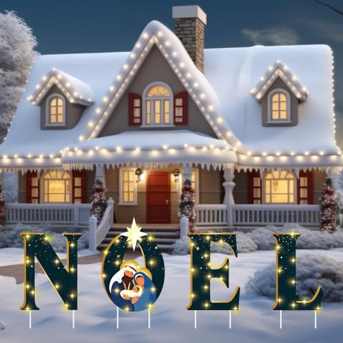 VIHOSE Chritsmas NOEL Yard Sign with Stakes Light Up Christmas Lawn Decoration Battery Powered Religious Xmas Carols Nativity Scene Sign Noel Decor for Christmas Party Outdoor Lawn Garden Walkway