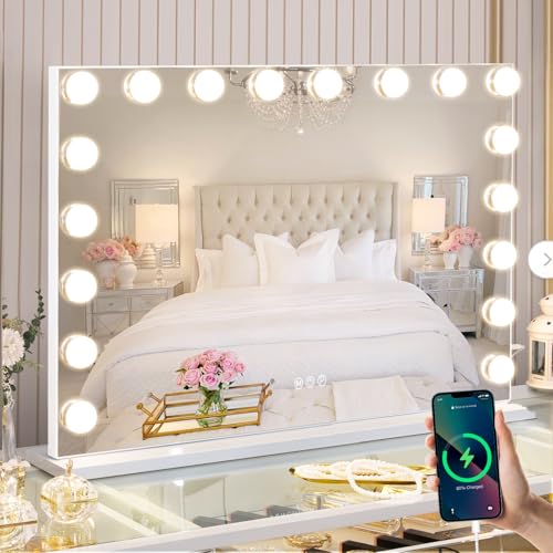FENCHILIN Miroir de Maquillage Hollywood avec Port USB, 18 LED à intensité Variable, Grand Miroir avec éclairage, 3 températures de Couleur, Blanc.