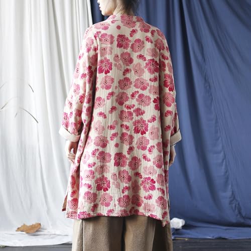 Ystylee Women's Trench Coat Flower Printed Boho Kimono Jacket Handmade Frog Buttons Loose Oversized Outwear2
