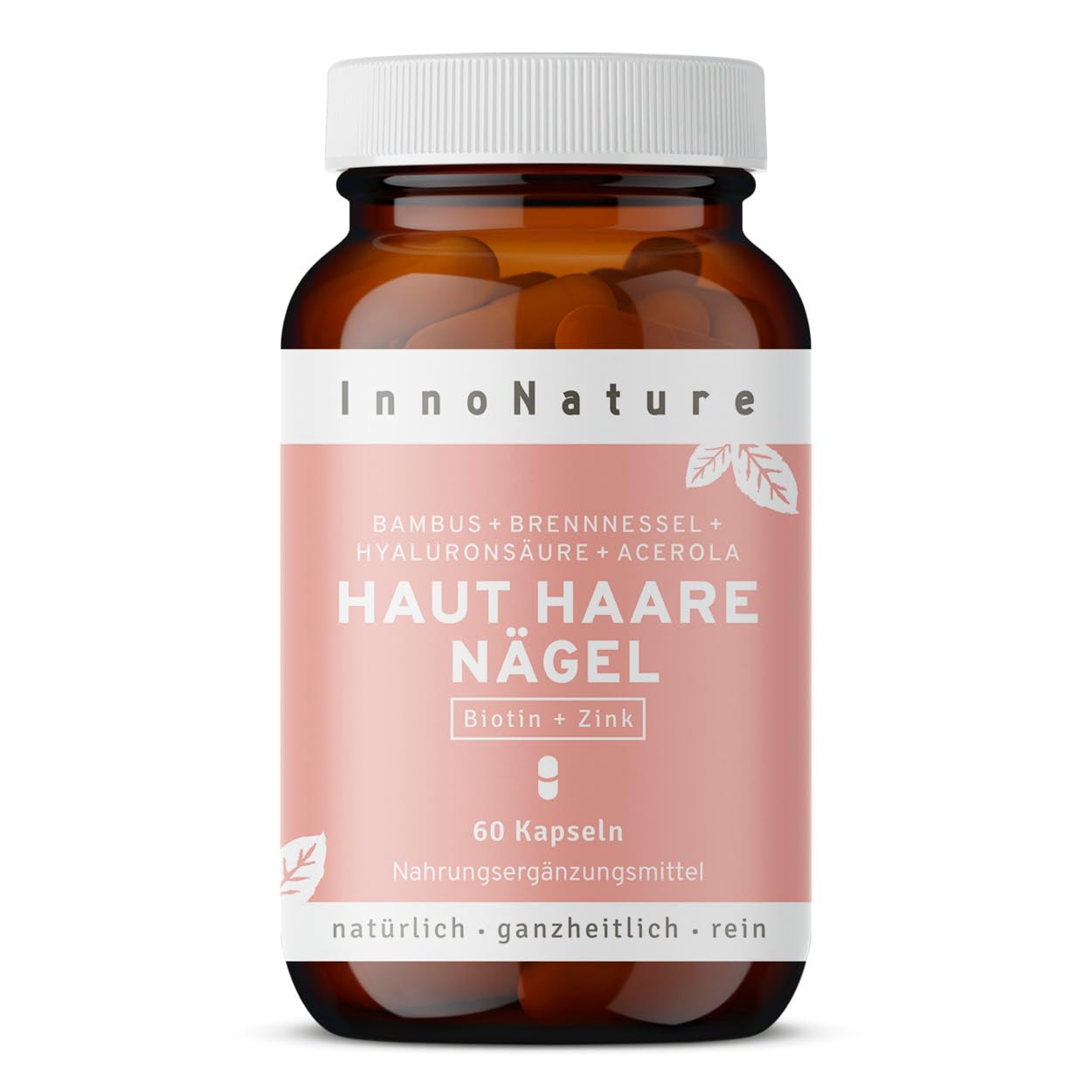 Natürlicher Haut, Haare & Nägel Komplex mit Haar-Vitamin Biotin, Zink (Zinkbisglycinat), Hyaluronsäure (500-700 kDa), Bambus (Silizium), Brennesselsamen, Hagebutte (VitaminC) + Vitamin E. 60 Kapseln.