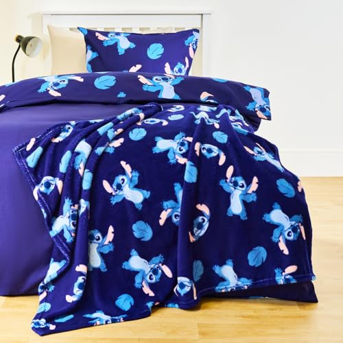 OHS Stitch Blanket for Girls Boys Officially Licensed Stitch Fleece Blanket Throws for Sofas Soft Cosy Warm Blankets for Bed Decoration Kids Rooms Plush Stitch Fleece Blue - 100 x 120cm