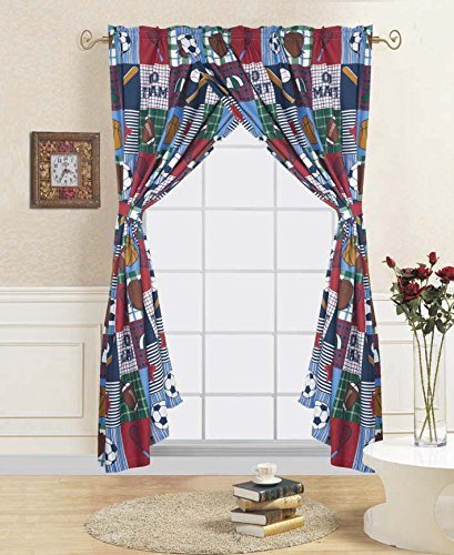 WPM Patch Work Blue Sports Base/Basket/Foot Ball Print Bedding Set Choose from Full/Twin Comforter or Bed Sheets or Window Curtains Panels for Kids/Girls/Boys Room (Curtain Set)