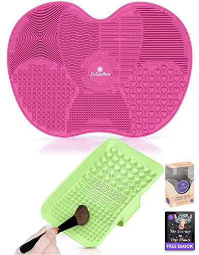 ExSoullent Makeup Brush Cleaner Mat - Set of 2 Silicone Portable Brush Cleaning Pads with Strong Suction Cups and Hand Strap, Perfect Gift for Her + eBook…