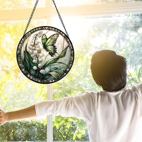 Image of DASTOLL Stained Glass Window Hanging, Lily of the Valley Flower Butterfly Suncatcher for Doors Home Sun Catchers Decoration and Christmas, Mother's Day Birthday Gifts for Women, Men, Mom 11.8x11.8 in