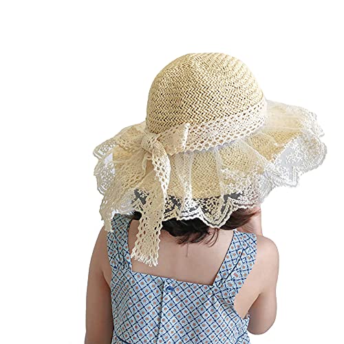 Summer Lace Straw Hats for Girls Wide Brim Floppy Beach Sun Visor Hat with lace Bowknot2