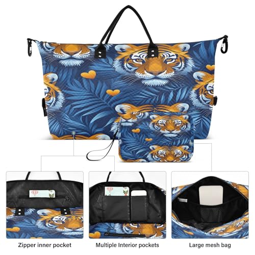 Travel Duffle Bag Weekender Bags Overnight Bag with Toiletry Bag Gym Duffel Bag Tiger Heads Blue Leaves for Travel Business Trips Sport2