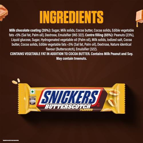 Image of Snickers Butterscotch Flavoured Chocolate Bar | Loaded with Crunchy Peanuts, Nougat & Caramel | Irresistibly Nutty Chocolate Bar | 40g | Pack of 15