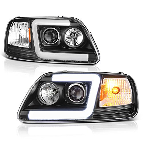 VIPMOTOZ Truly Bright Series OLED Tube Projector Headlights For 1997-2003 Ford F150 Pickup Truck Expedition Black Housing Clear Lens Driver & Passenger Side Pair Set Headlamp Assembly