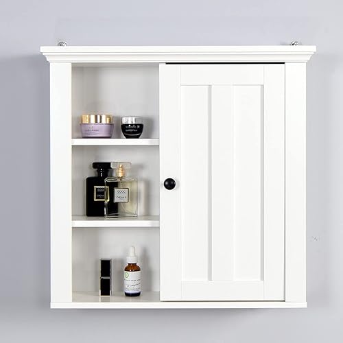 Miniatura 7 de Botiquín de baño, armario de almacenamiento montado en la pared con estante ajustable y 3 compartimentos abiertos, organizador de almacenamiento de