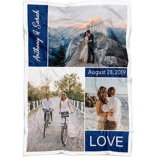 Personalized Throw Blanket 3 Images Collage Full Color. Custom from Your Photos & Family Name. Fleece Blanket Super Soft for Baby & Adult. Love Wedding (3P Navy, Fleece 50