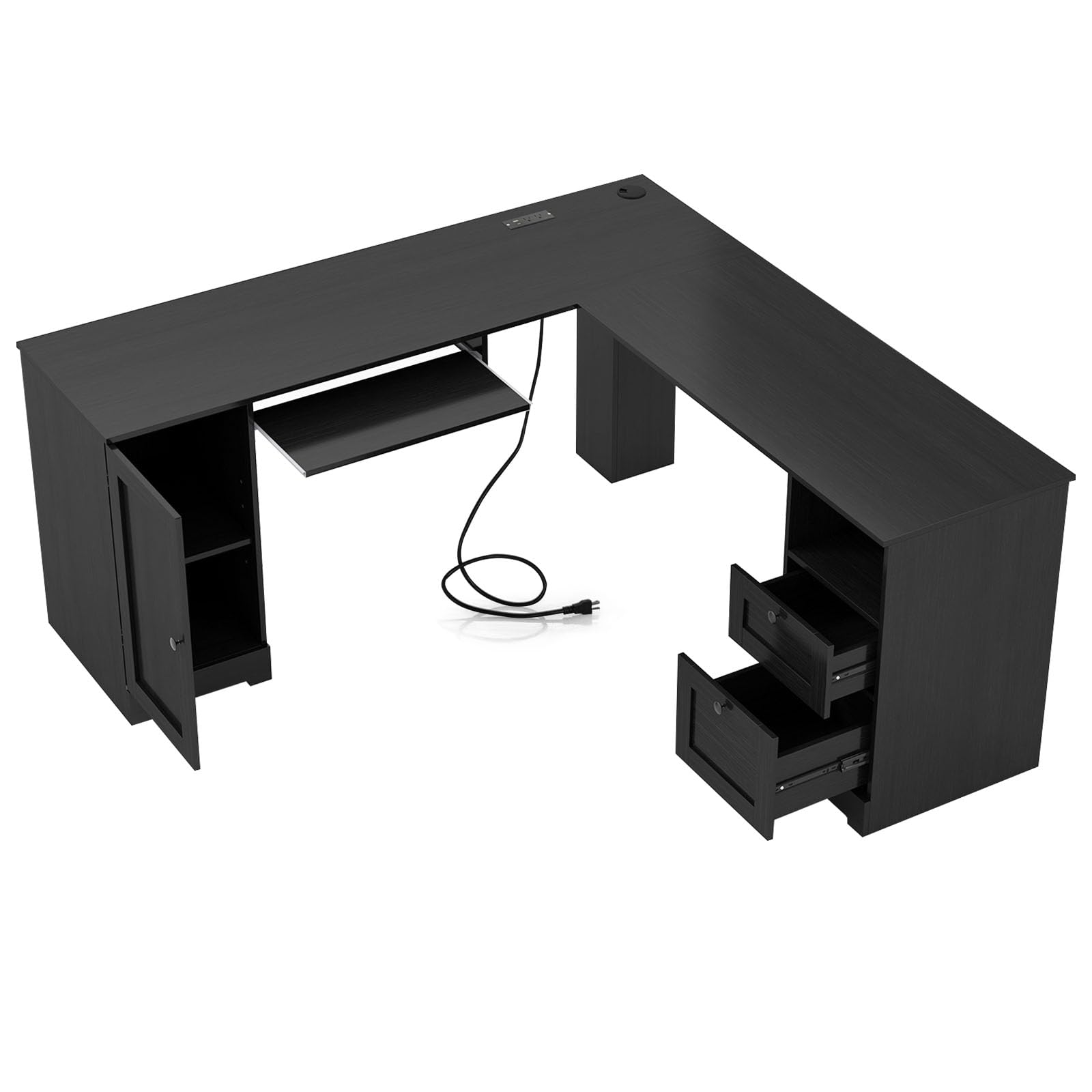 LIFEZEAL Tavolo per computer a forma di L con ripiano per tastiera e cassetti, organizer da scrivania con stazione di ricarica e canalina per cavi, scrivania angolare con armadio e scaffale (nero)