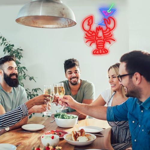 Image of Lobster Cocktail Neon Sign for Wall Decor USB Powered Funny Shrimp Martini Neon Light Dimmable LED Bar Crawfish Light Up Sign for Party Seafood Restaurant Bedroom Bar
