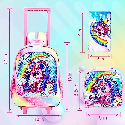 3Pcs Rolling Backpack for Girls, Kids Unicorn Roller Bookbag with Wheels, Wheeled School Bag Set for Elementary -Rainbow3