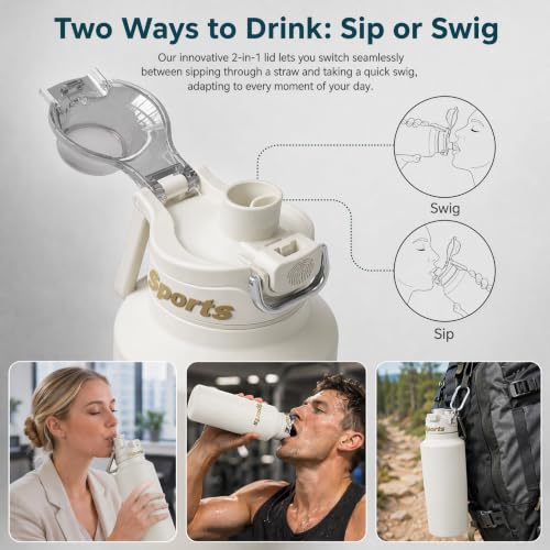 Botella Deportiva Aislada 32oz con Tapa 2 en 1, Termo de Acero Inoxidable de Doble Pared y Vacío, Conserva Bebidas Frías 48h, Taza Antigoteo con Asa, Compatible con Porta Vasos de Auto, Blanco miniatura 3