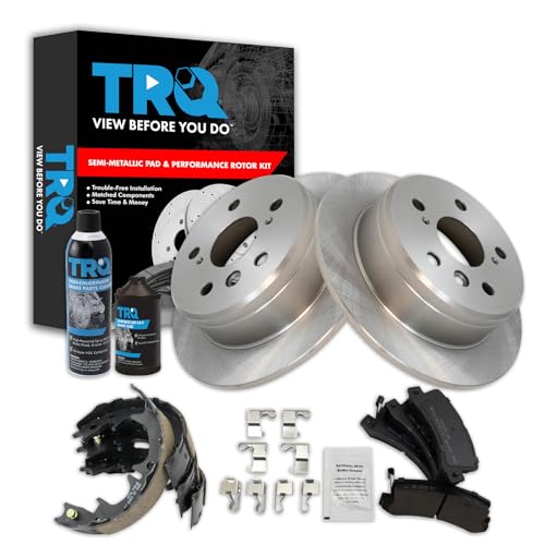 Image of TRQ Rear Brake Pad & Rotor Kit, with Chemical Kit Parking Brake Shoe Set Semi-Metallic Compatible with 1997-1999 Lexus ES300 1992-1999 Toyota Camry 1999 Solara