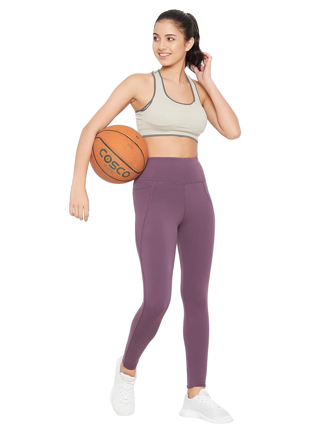 Clovia Women’s Feather Feel High Rise 3 Pocket Regular Fit Tights – Purple