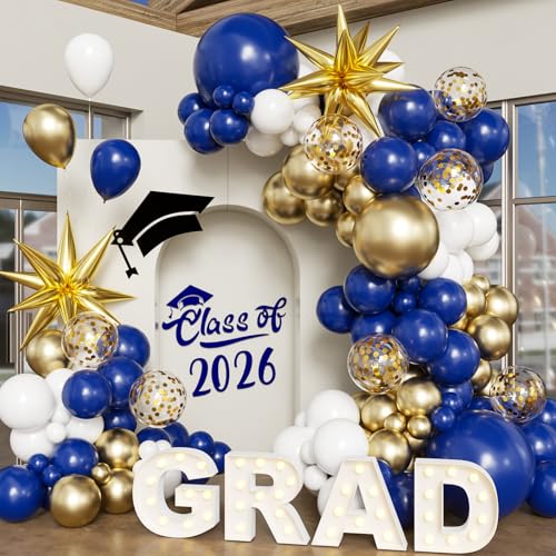 Navy Blue White Gold Balloon Arch Kit 2026 Graduation Decorations 130Pcs Blue Gold White Balloons with Foil Star Confetti Balloons for College High School Graduation Decorations Class of 2026