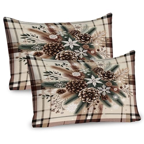 Ambesonne Christmas Pillow Sham Set of 2, Traditional Xmas Pinecone and Leaves Ornate on Plaid Background Print, Quality Microfiber Bedding Item for All Seasons, 36