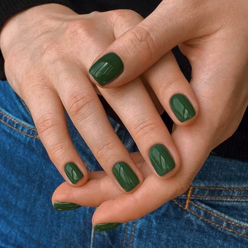 Dark Green Press On Nails Short Square,KXAMELIE Gel Manicure Press ons with Feature Protective UV Coating,Polish-Free Sh