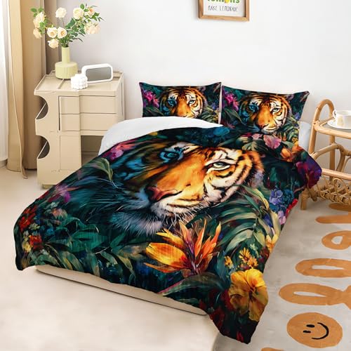 Image of 3Pcs Tiger Comforter Set King Size Plants Colorful Flowers Print Bedding Set,3D Wild Animals Comforter Set for Kids Boys Girls Room Decor,Wildlife Theme Bedding Set
