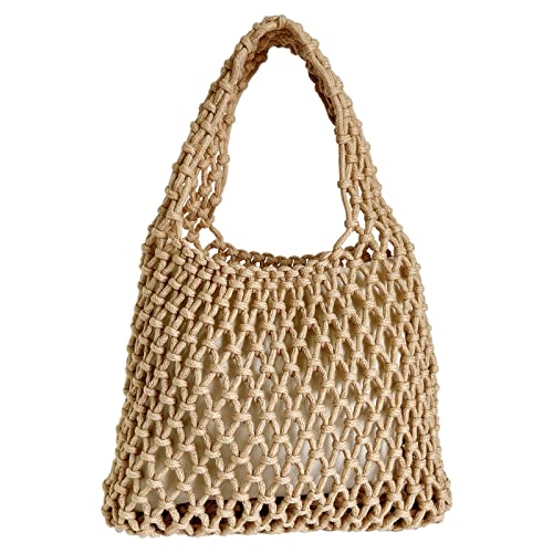 Hixixi Women Mini Clutch Handbag Fishing Net Bucket Bag Cotton Rope Crochet Drawstring Woven Beach Bag Small Pouch Purse (Khaki)