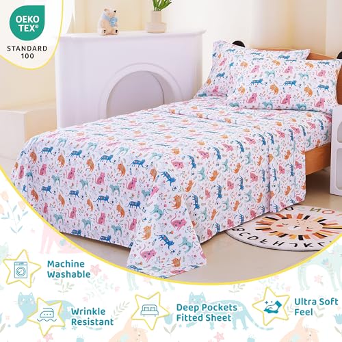 Image of Viviland 3 Pieces Girls Pink Cat Twin Sheet Set - Soft Microfiber Fitted Flat Sheets & Pillowcase - Kids Colorful Floral Leaf Print Bedding Sets - for Kids & Toddlers