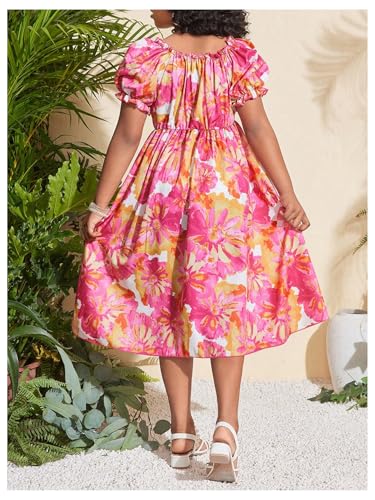 Girl's Floral Ruffle Summer Dress Short Puff Sleeve Square Neck A Line Midi Dresses3