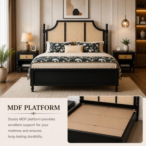 Image of Solid Sheesham Wood Poster King Size Poster Honeymoon Bed Without Storage with Designer Piller and Cane Crafting