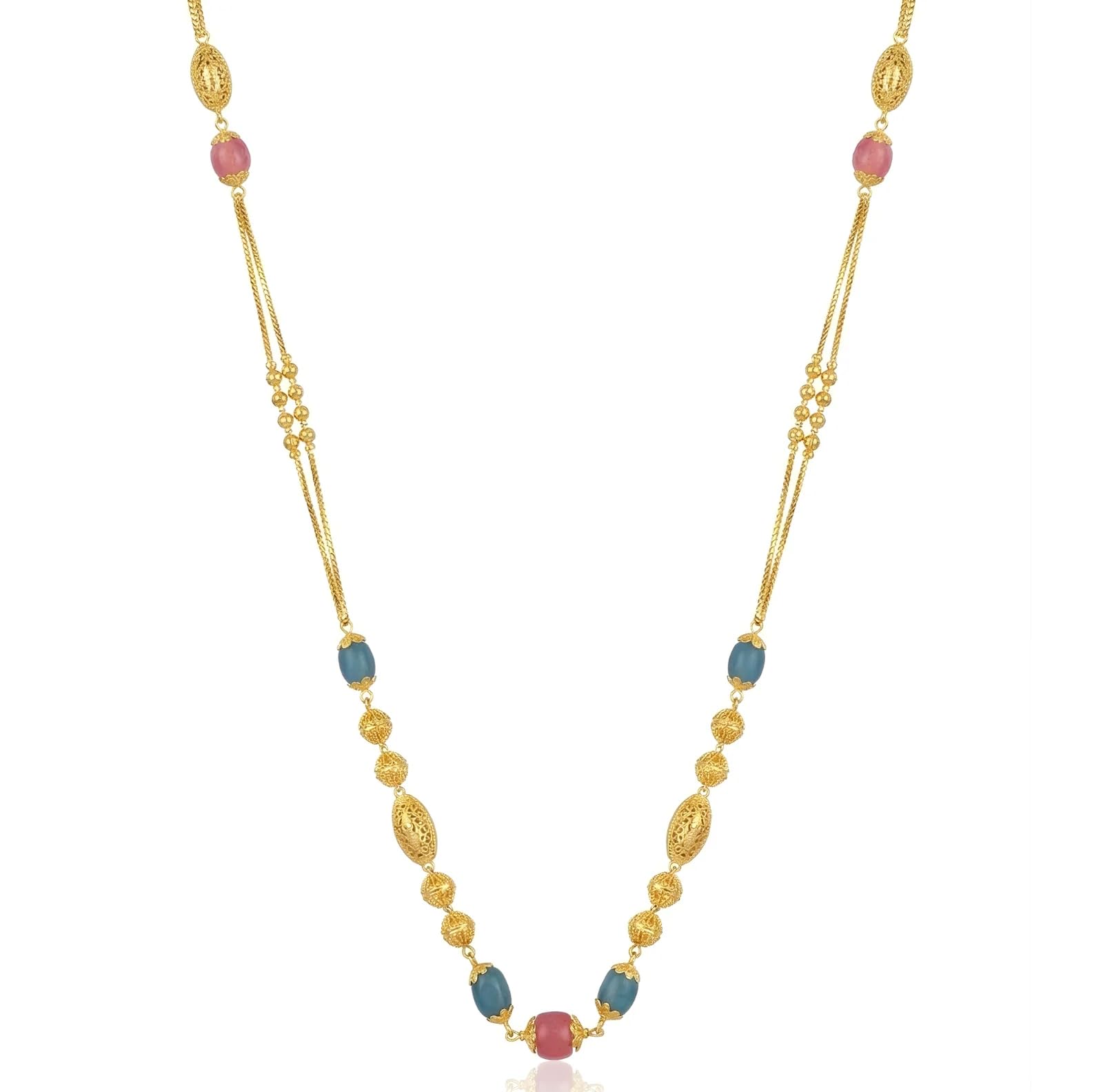 24k Gold Plated Dual Chain Blue Pink Beaded Mala For Women-picture-12