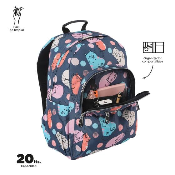 TOTTO - Mochila Escolar Adaptable a Carro, Modelo Acuareles, Capacidad 20 L, Bolsillo para Pc 14", 2 Bolsillo Botella, Espaldar Ergonómico con Flujo de Aire, Correas en S, Estampado Missi Multicolor