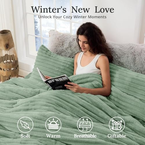 Image of Sasttie Full Comforter Set 3 Pieces - Super Soft Fleece Comforters Full Size, 1 Luxury Warm Fuzzy Marshmallow Comforter with 2 Pillow Cases, Faux Fur Down Alternative Bedding Set, Sage Green