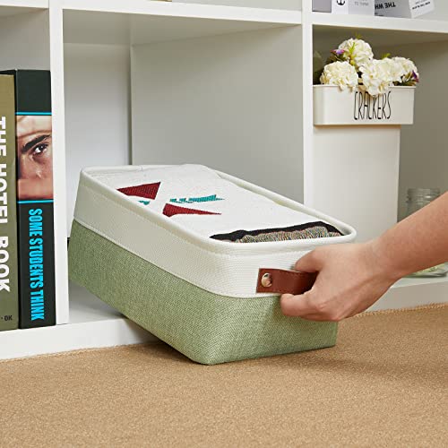 Image of DULLEMELO Small Storage Basket, Fabric Collapsible Gift Storage Basket for Shelves, Closets, Nursery, Home, Office Organizing, Small Canvas Linen Rectangular Storage Bin with Handles (White&Green)