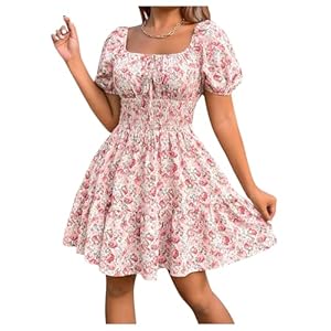 Damen A Linie Sommerkleid U-Ausschnitt Skaterkleid Rüschensaum Blumenkleid Print Urlaubkleid Kurzkleid mit Puffärmel