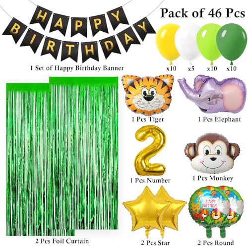 Image of Rozi Decoration Jungle Safari Birthday Party Decoration Set, 46 Pieces with Happy Birthday Banner, Tiger Elephant Monkey Foil Balloons, Green Yellow White Latex Balloons, Foil Curtain