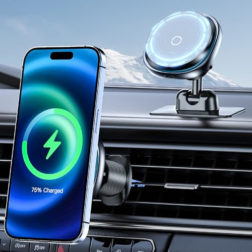 This Hill 15W Fast Magnetic Car Phone Mount - 2-in-1 Dashboard/Air Vent Mount with 360° Rotation & Secure Double Hook Clip, Compatible with MagSafe Case, iPhone, Samsung & More