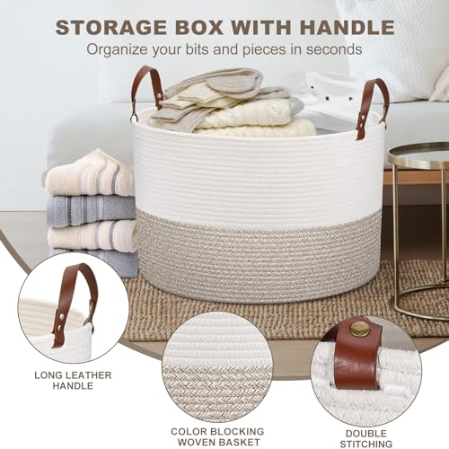Image of Extra Large Laundry Basket 20 inchx 20 inch x 13 inch Living Room Woven Storage Kids, Cotton Rope Basket with Leather Handle for Blanket Toys Pillow Organization, Kids Nursery Gift, White & Brown