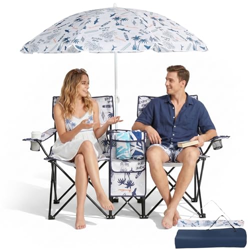 Outvita Folding Double Camping Chair w/Umbrella Beverage Holder Carrying Bag Cooler Fold Up Table, Large Bearing Capacity for Beach Patio Pool Park Outdoor Shark Pattern