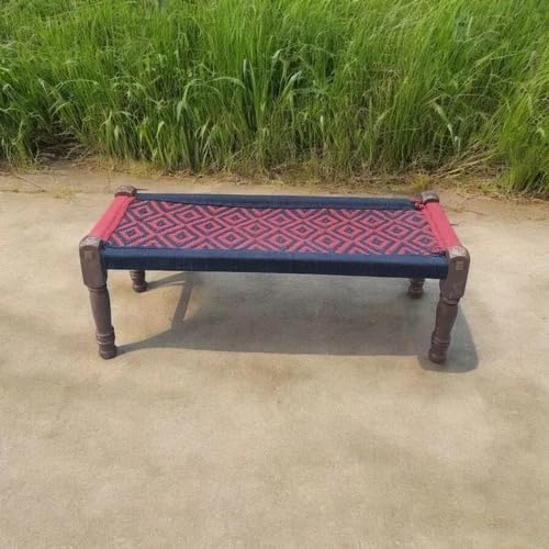 Image of Handwoven Wooden Bench | Traditional Rope Charpai Stool | Solid Wood Frame Seating for Living Room, Balcony & Outdoor | Durable & Stylish Design (Black & Red Finish)