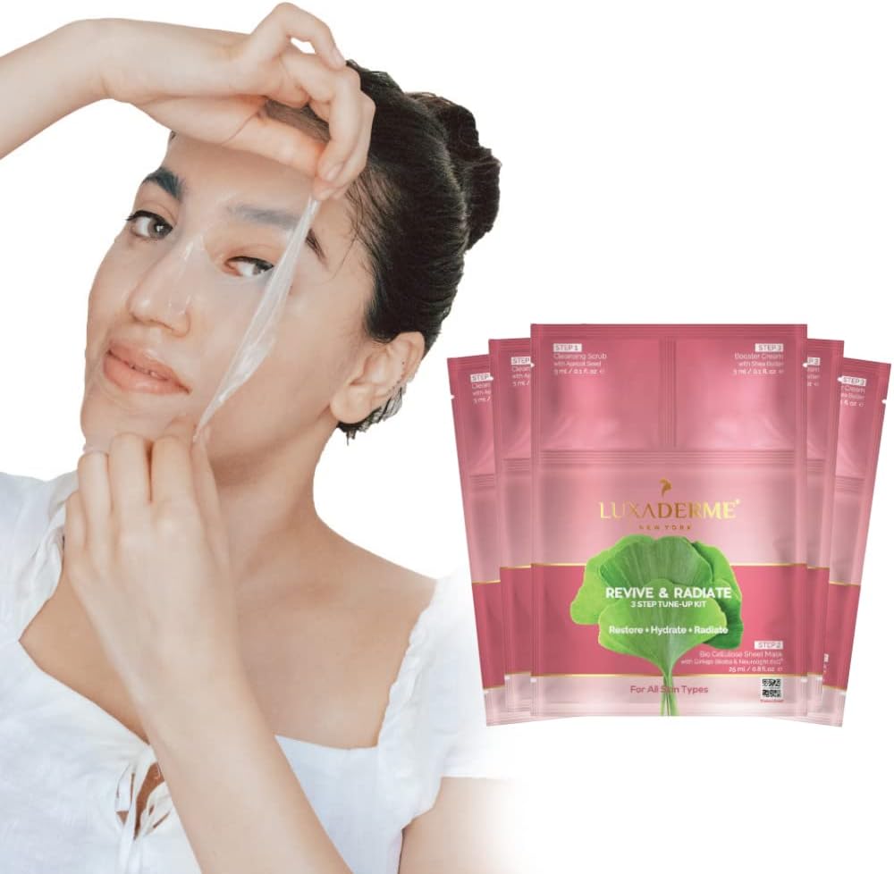 LuxaDerme Revive & Radiate 3 Step Tune-Up Kit - Cleansing Scrub, Bio Cellulose Sheet Mask, Booster Cream (Pack of 5)